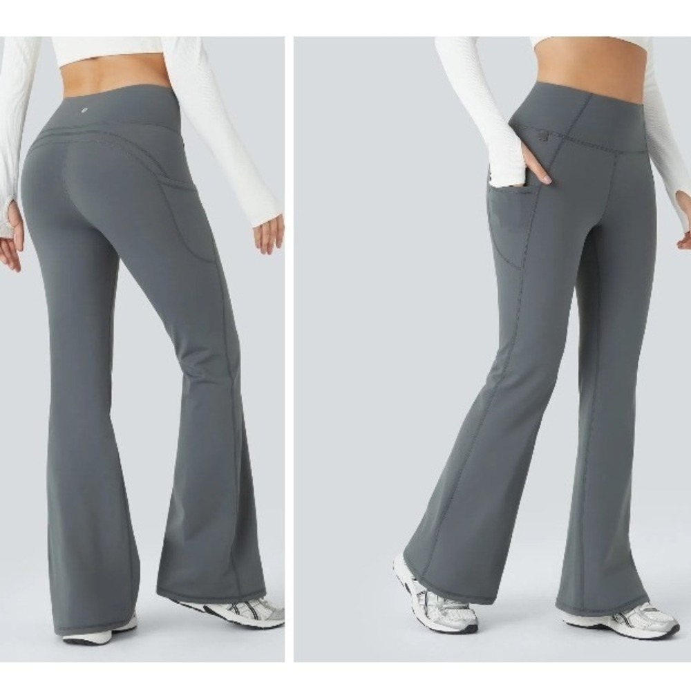 Halara Fleece Lined High Waisted Flare Legging Pants Women S Olive Green Pockets